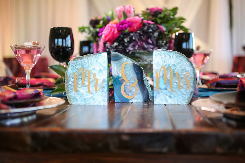 Vibrant, Whimsical Fuchsia and Plum Wedding Reception with Blue Geode Copper Script Mr and Mrs Bride and Groom Table Number | Tampa Bay Wedding Planner Kelly Kennedy Weddings and Events | Calligraphy by Sarah Bubar Designs