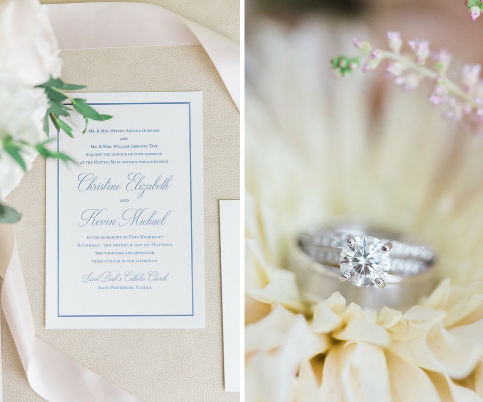 Elegant Blue and White Wedding Invitation and Diamond Engagement Ring with White Gold Wedding Band | St Pete Paper and Stationery A and P Designs
