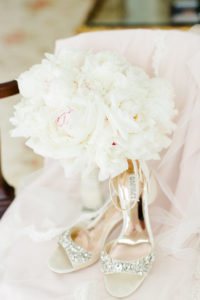 White Peony Bridal Bouquet and Open Toe Jeweled Badgley Mischka Wedding Shoes