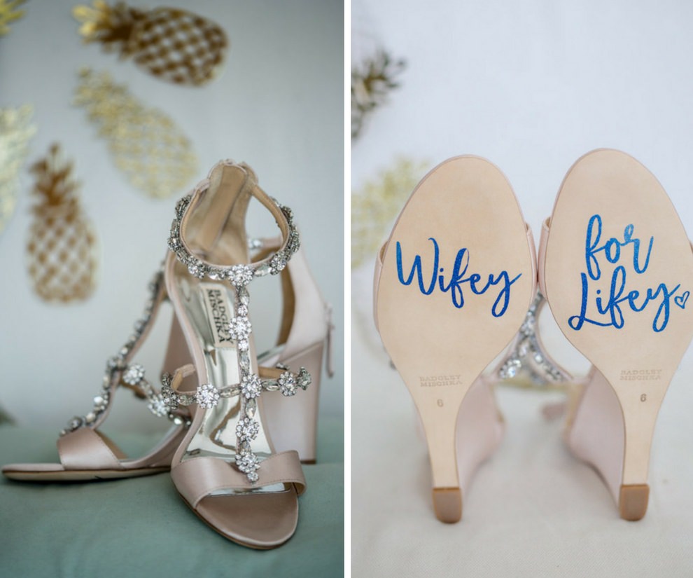 Blush Pink Wedge Jeweled Open Toe Badgley Mischka Sandal Wedding Shoes with Personalized Calligraphy in Blue on Soles