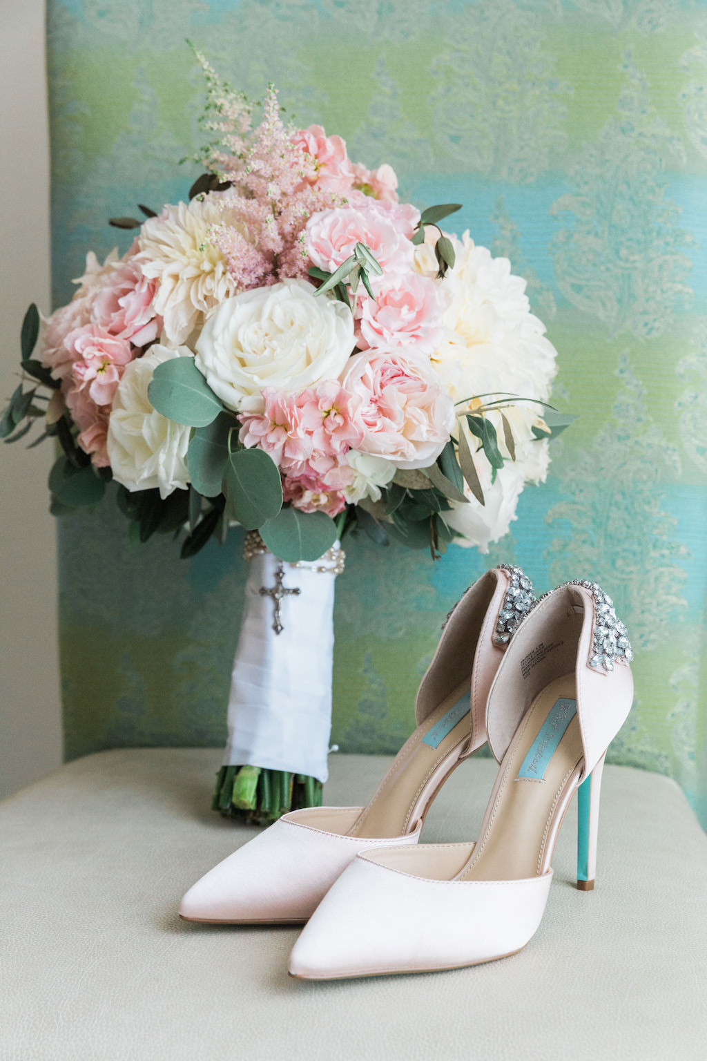 Pink Peony and WHite Floral with Greenery White Ribbon Wrapped Bridal Bouquet with Blush Pointed Toe and Rhinestone Heel Wedding Shoes