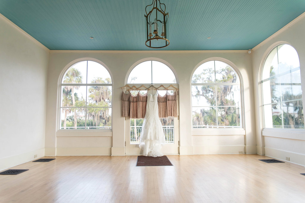 Allure Bridals WEdding Dress on Hanger with Adrianna Papell Dusty Rose Bridesmaids Dresses | Sarasota Historic Wedding Venue The The Edson Keith Mansion