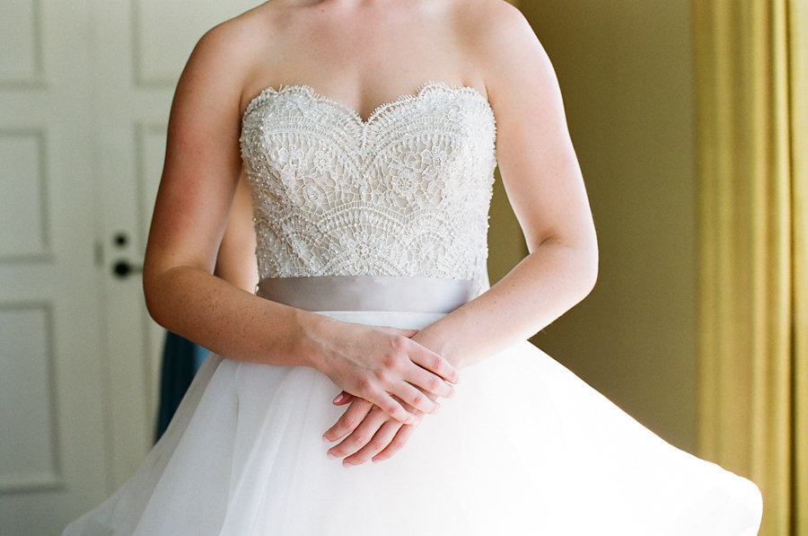 Bride Getting Ready Portrait in Lace Bodice Strapless Silk Ribbon Belted Layered Ballgown Dress
