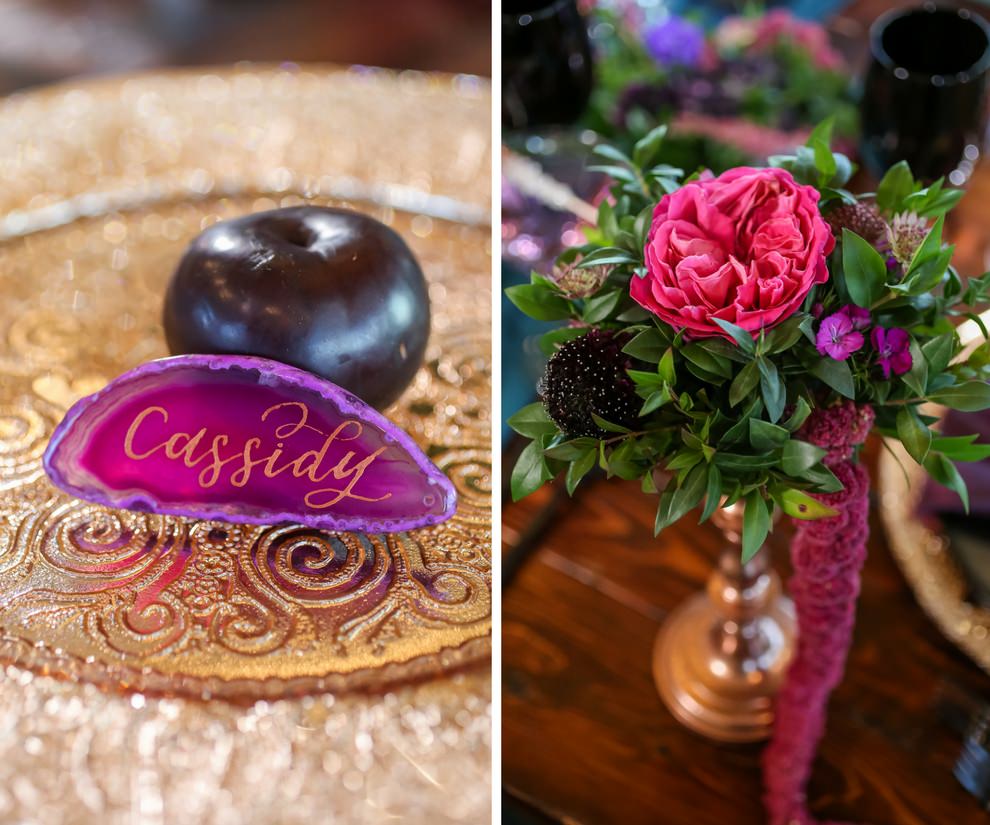 Whimsical Fuchsia and Plum Wedding Reception with Geode Copper Script Place Card and Pink Floral with Greenery Cascading Centerpiece in Copper Candleholder | Tampa Bay Wedding Planner Kelly Kennedy Weddings and Events