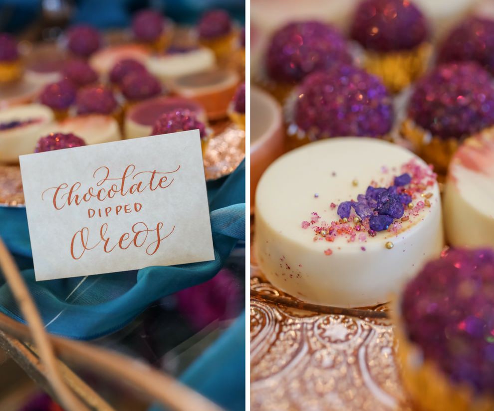 Wedding Dessert Tray with Purple Sparkle Confetti Truffles in Gold Foil on Copper Plate with Turquoise Linen, Copper Script Printed Paper Sign for Chocolate Dipped Oreos | Tampa Bay Wedding Bakery The Artistic Whisk