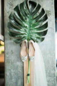 Rhinestone Gold Glitter Peep-toe wedding Shoes with Organic Palm Leaf Greenery