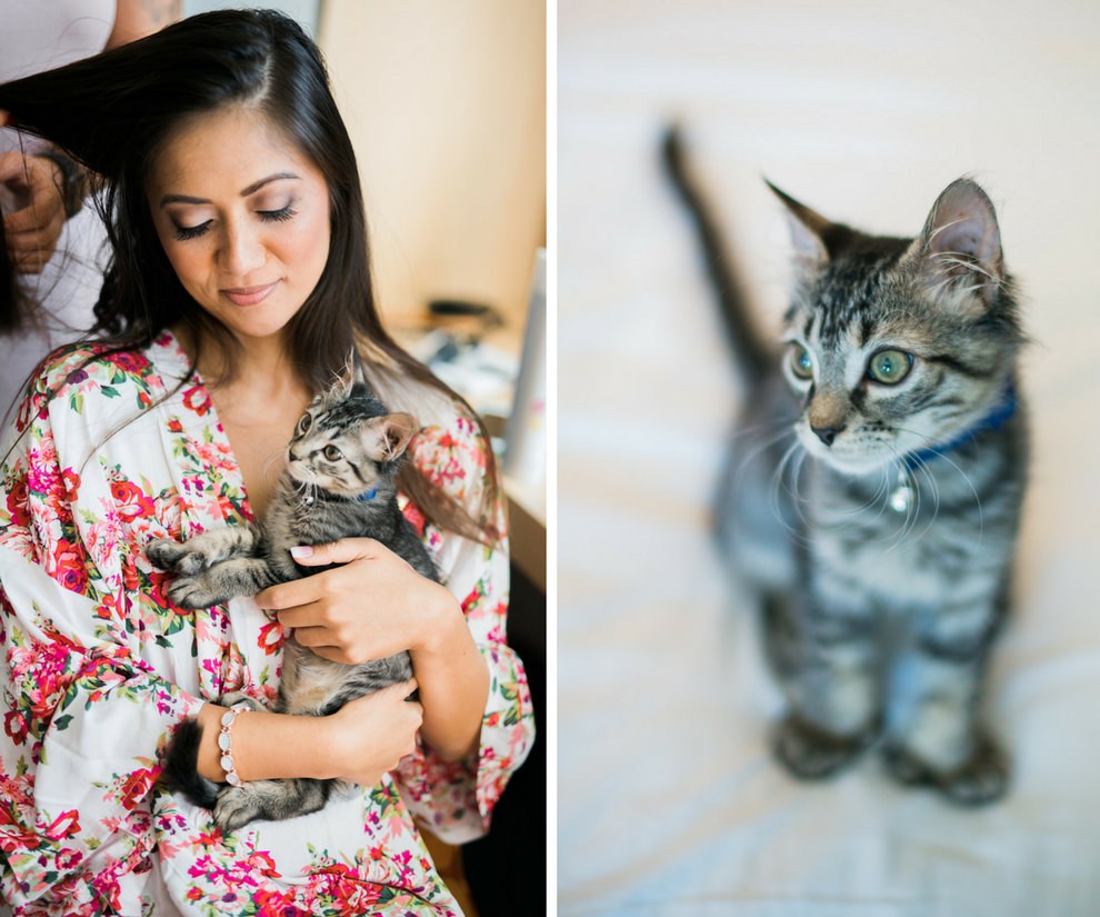 Bride Getting Ready Portrait with Kitten in Tropical Floral Silk Robe | Tampa Bay Wedding Photographer Kera Photography