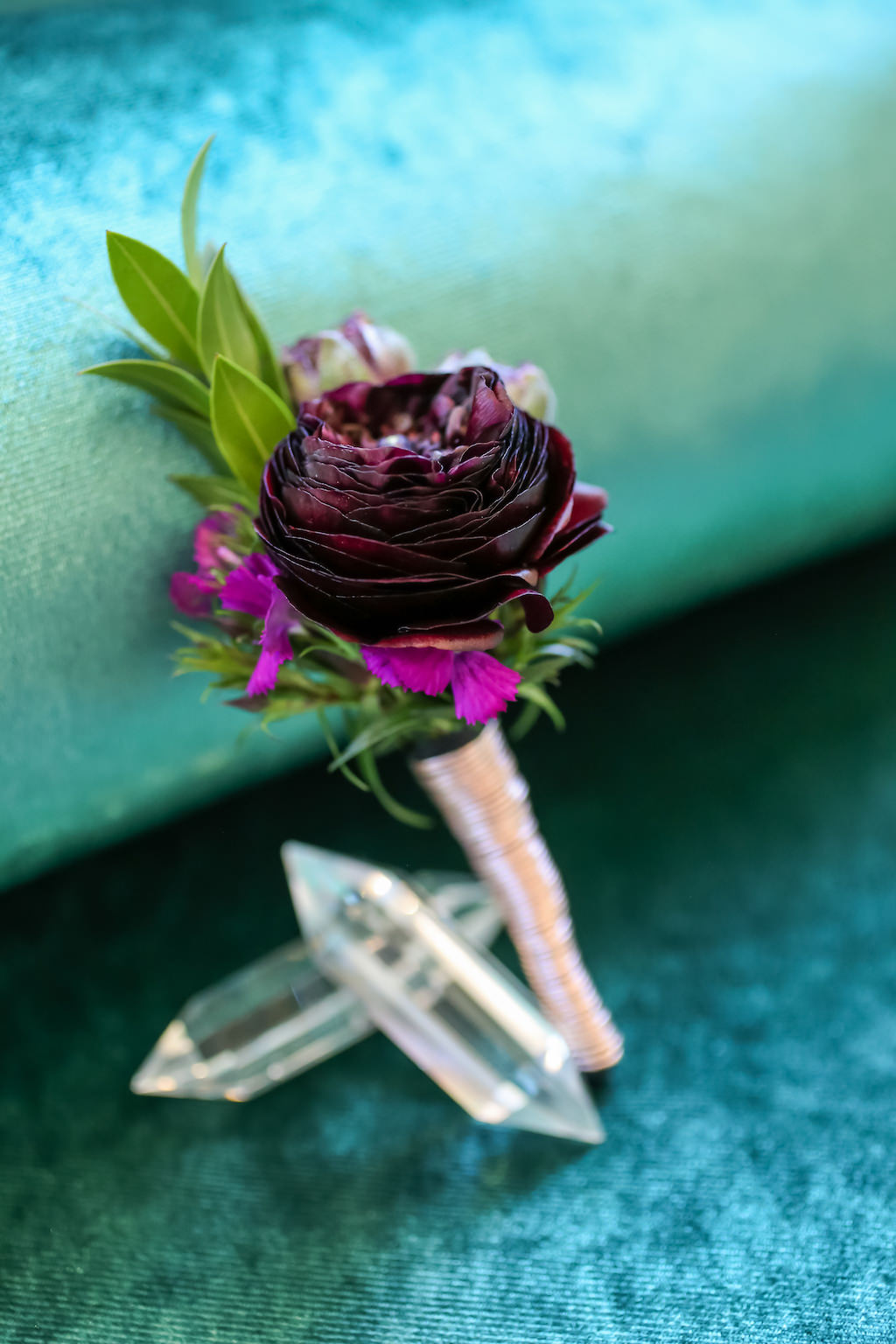 Fuchsia Floral with Greenery Ribbon Wrapped Boutonniere | Tampa Bay Florist Gabro Event Services
