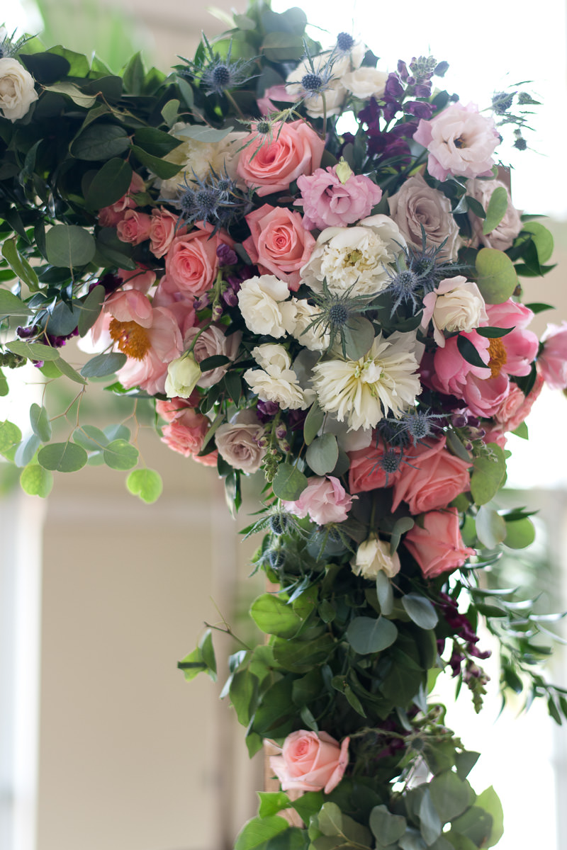 Pink and White Wedding Ceremony Floral Arch with Greenery