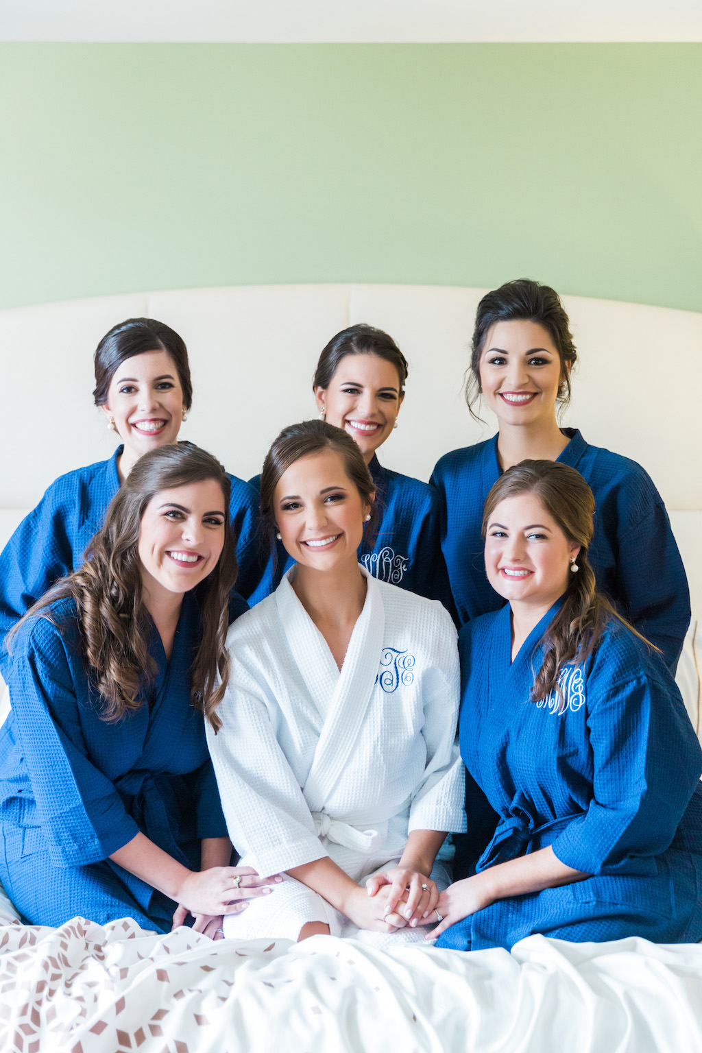 Bridal Party Getting Ready Portrait in Blue and White Monogrammed Robes | Wedding Hair and Makeup Michele Renee The Studio