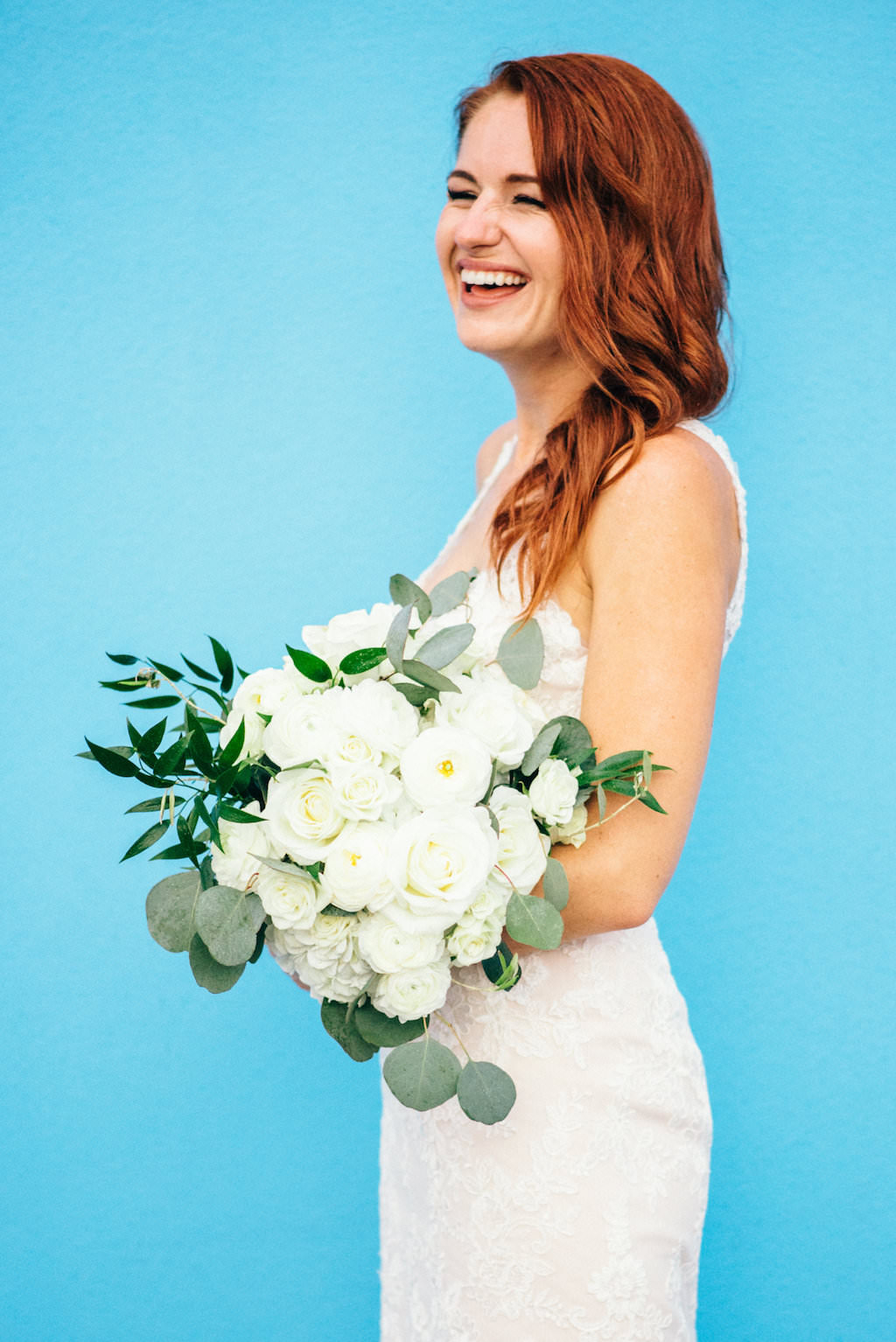 Outdoor Bridal Portrait with White Floral and Greenery Bouquet