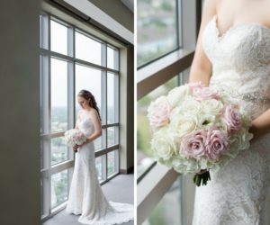 Indoor Bridal Portrait in Lace Strapless Silver Bead Belted Stella York Wedding Dress with White and Blush Pink Rose Bouquet | Hotel Wedding Venue The Westin Tampa Bay