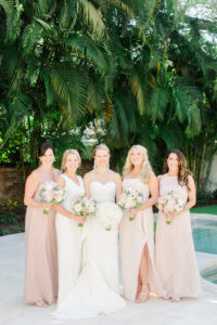 Outdoor Bridal Party Portrait, Bride in Strapless Robert Bullock Wedding Dress with White Peony Bouquet, Bridesmaids in Mismatched Blush Dresses | Tampa Bay Wedding Photographer Ailyn La Torre Photography