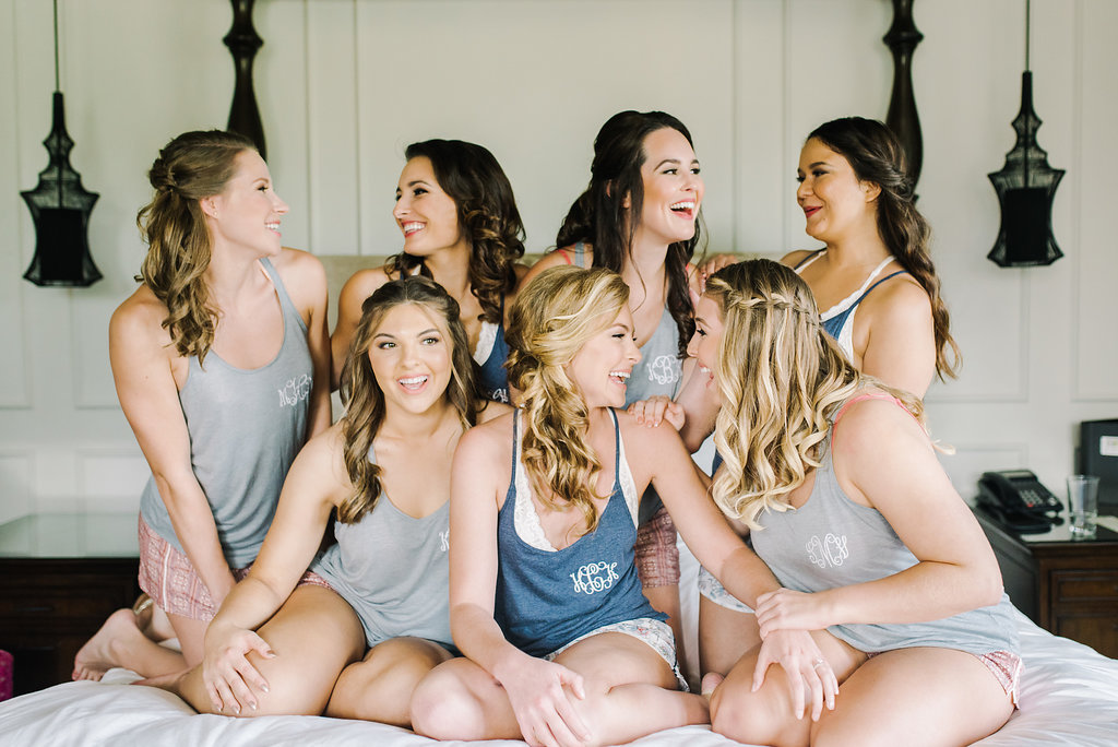 Bridal Party Getting Ready Portrait in Matching Gray and Blue Monogrammed Tank Tops
