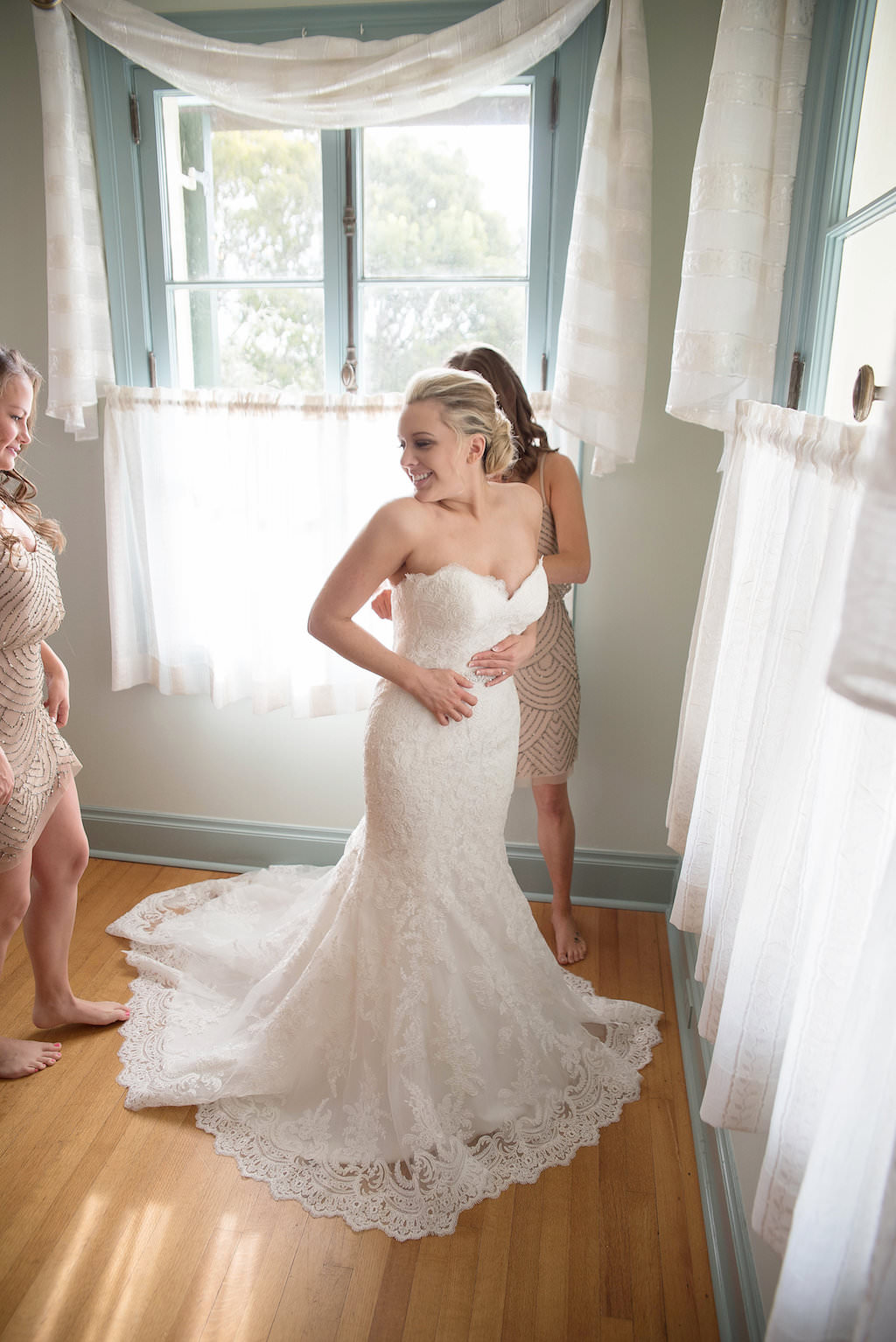 Bride Getting Ready Interior Portrait in Strapless Lace Mermaid Allure Bridals Wedding Dress | Sarasota Wedding Photographer Kristen Marie Photography