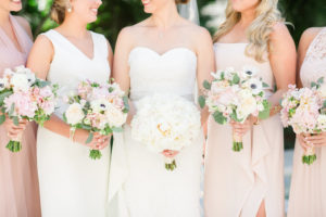 Outdoor Bridal Party Portrait, Bride in Strapless Robert Bullock Wedding Dress with White Peony Bouquet, Bridesmaids in Mismatched Blush Dresses with White Anemony, Blush Floral, and Greenery Bouquets | Tampa Bay Wedding Photographer Ailyn La Torre Photography