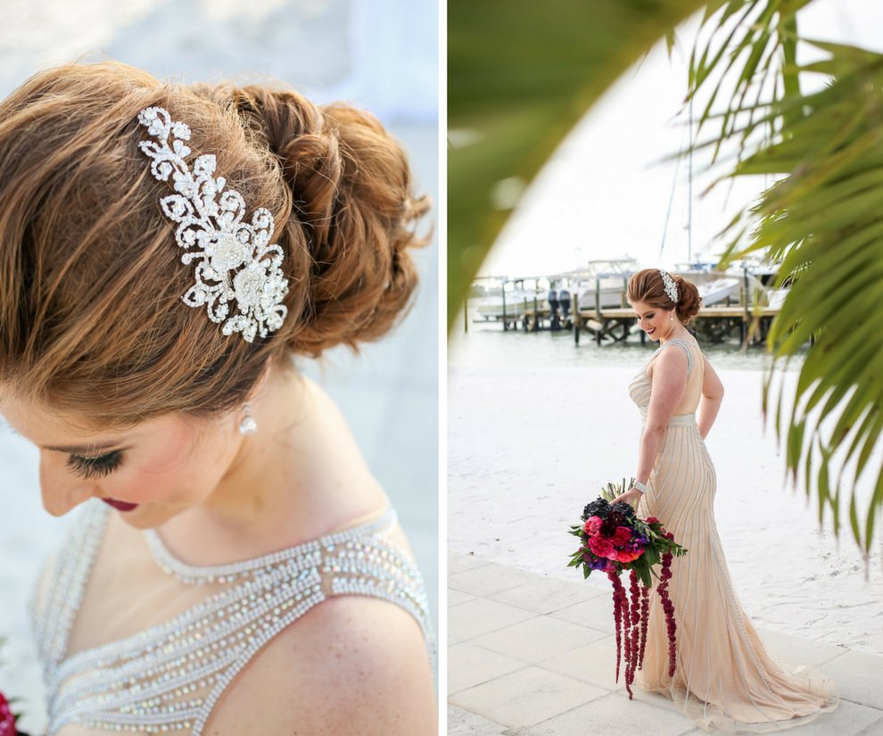Outdoor Waterfront Bridal Portrait in Beaded Ivory Illusion Wedding Dress with Pink Rose, Purple Floral, Fuchsia Cascade Flowers with Greenery Bouquet, with Large Jeweled Bridal Hair Accessory | Tampa Bay Wedding Boutique Truly Forever Bridal | Rentals and Florist Gabro Event Services | Hair and Makeup Michele Renee The Studio | Photographer Lifelong Studios Photography