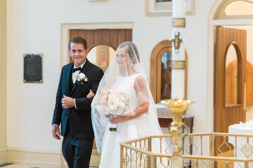 Traditional Church Wedding Ceremony Portrait with Father of the Bride, Bride with White and Pink Peony Bouquet