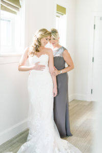 Bride and Mother Portrait, in Sweetheart Strapless Lace Enzoani Wedding Dress