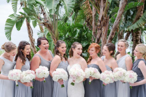 Outdoor Garden Bridal Party Portrait, Bridesmaids in Mismatched After Six Gray Dresses, with White and Blush Pink Rose Bouquets