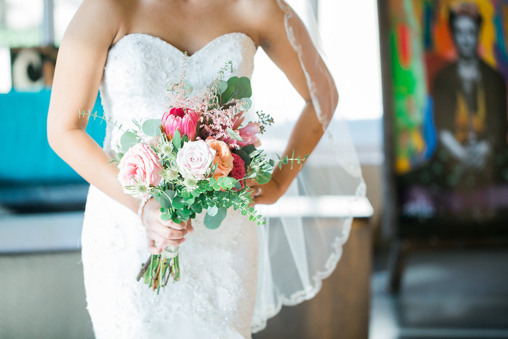 Indoor Bridal Portrait in Princess Strapless Mermaid Enzoani Wedding Dress with Pink, BLush and White Floral with Greenery Bouquet | Tampa Wedding Photographer Kera Photography