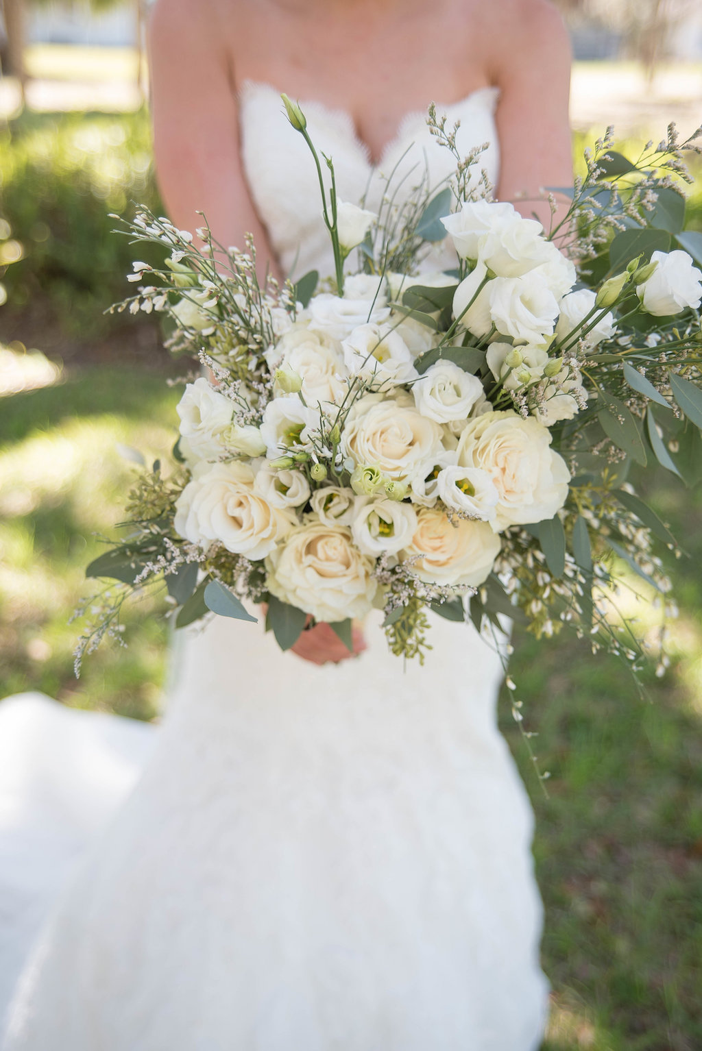 Outdoor Portrait of Bride with White Rose and Floral with Wild Natural Greenery Bouquet | Sarasota Wedding Photographer Kristen Marie Photographer