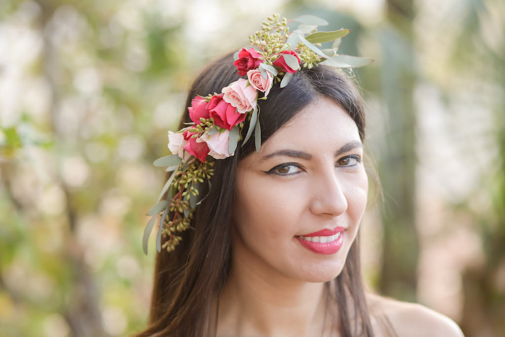 Outdoor Bridal Portrait with Pink and Red Rose with Greenery Floral Crown | Tampa Bay Wedding Florist Gabro Event Services | Photographer Lifelong Photography Studios