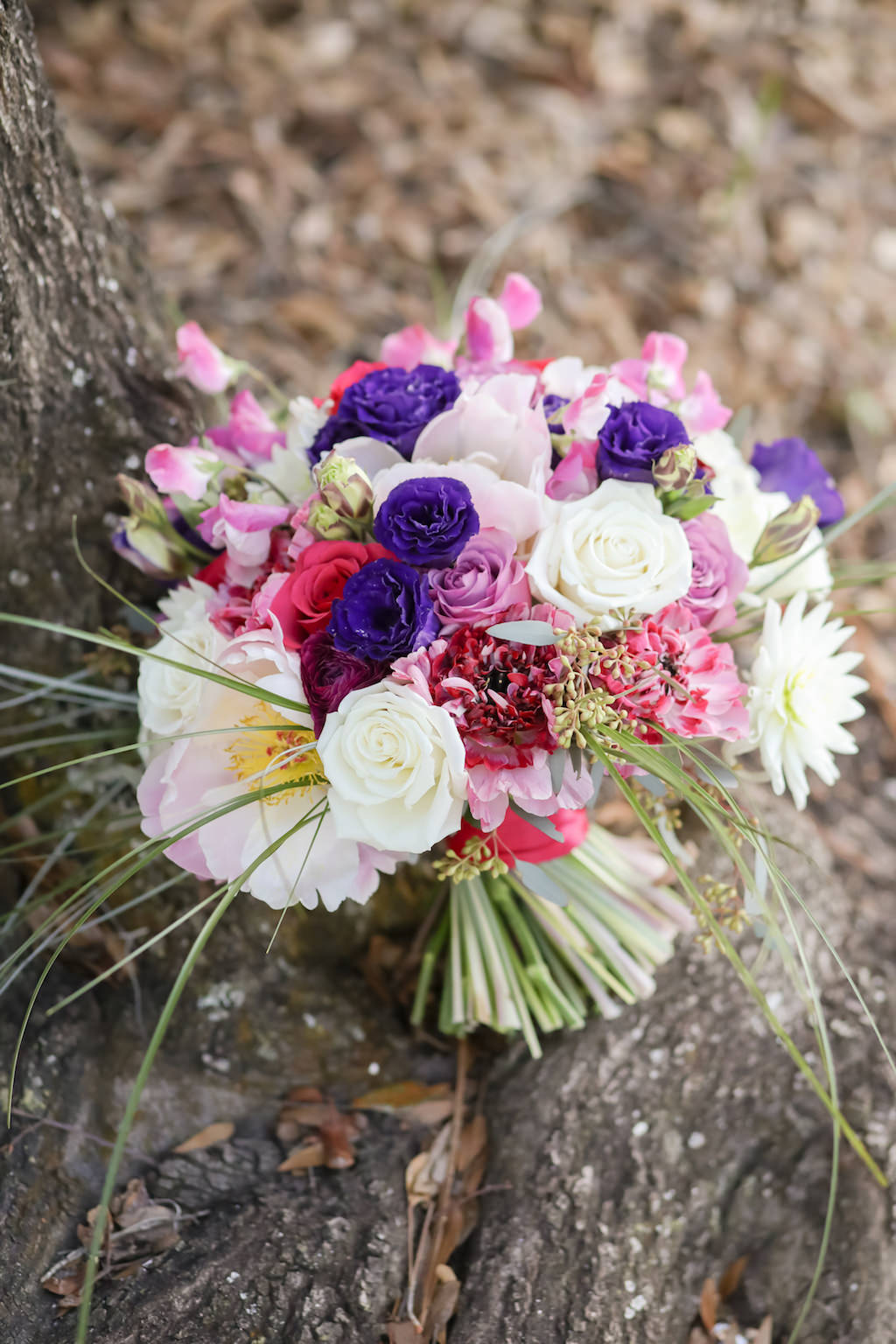 White Rose, Pink, Purple, and Red Floral with Decorative Grasses Wedding Bouquet | Tampa Bay Florist Gabro Event Services