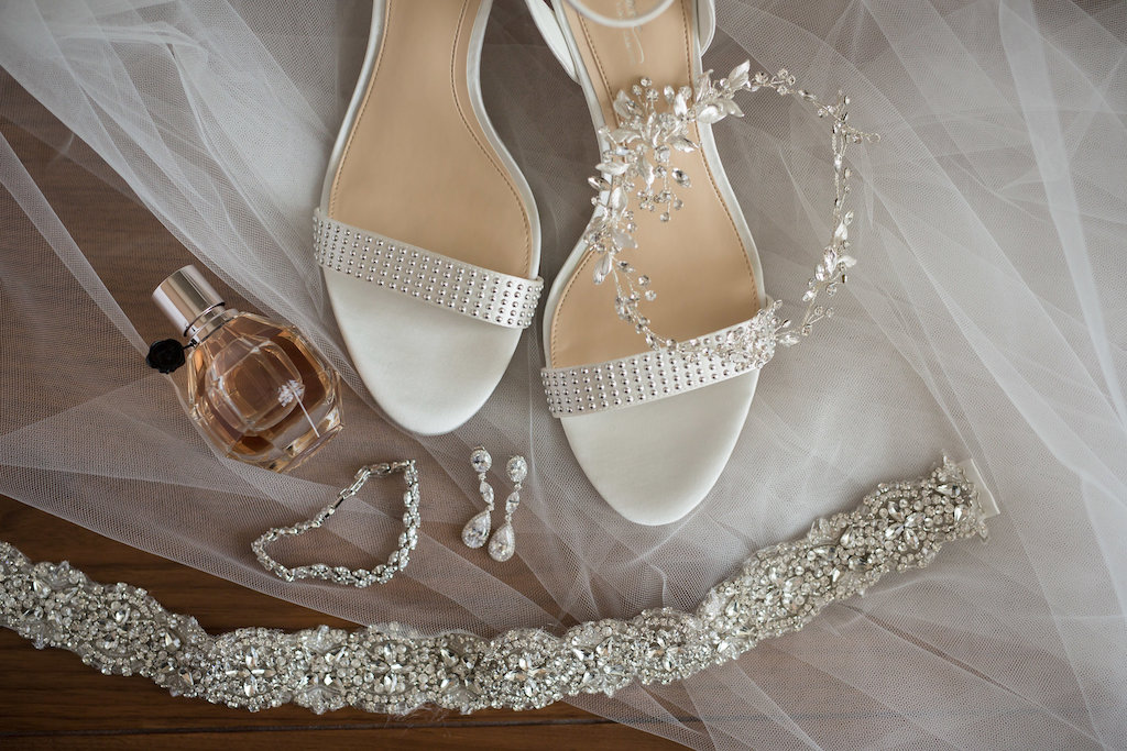 Silver and White Open Toe Sandal Wedding Shoes with Silver Floral Hair Accessory, Jeweled Garter, and Crystal Drop Earrings and Bridal Accessories
