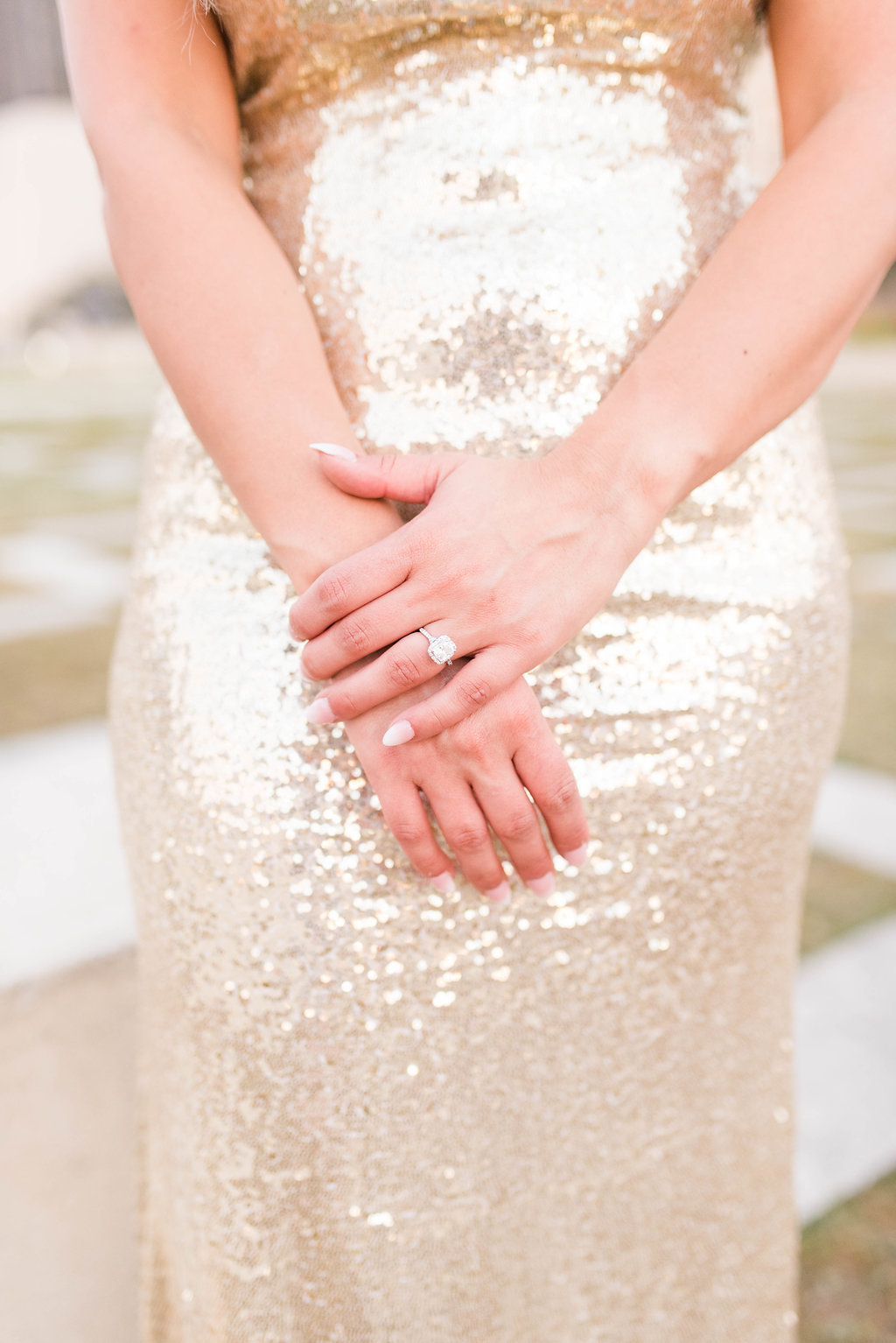 Classy Engagement Portrait, Bride to Be in Gold Sequin Dress