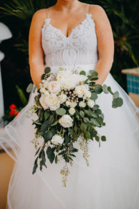 Bridal Portrait in Patterned Bodice Spaghetti Strap Layered Ballgown Blush by Hayley Paige Wedding Dress, with Ivory Rose, White FLoral and Natural Greenery Bouquet | Clearwater Beach Wedding Photographer Rad Red Creative