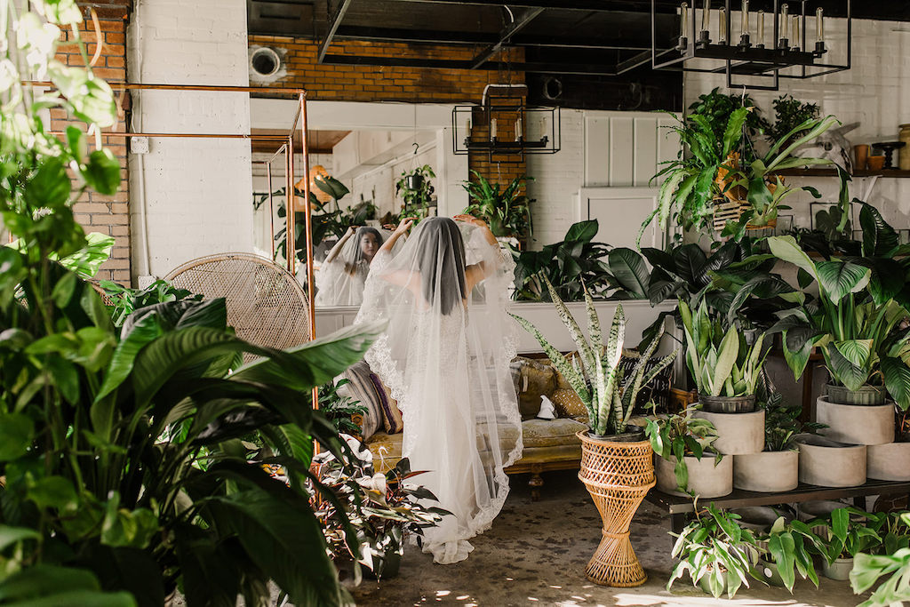 Indoor Bridal Portrait with Veil and Greenery | Tampa Intimate Wedding Venue Fancy Free Nursery