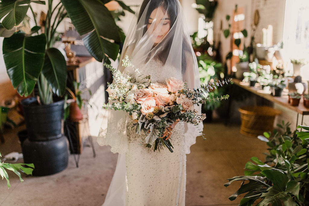 Indoor Bridal Portrait with Veil, Silver Sequinned BHDLN Wedding Dress, Peach Rose and Greenery Bouquet | Tampa Intimate Elopement Venue Fancy Free Nursery