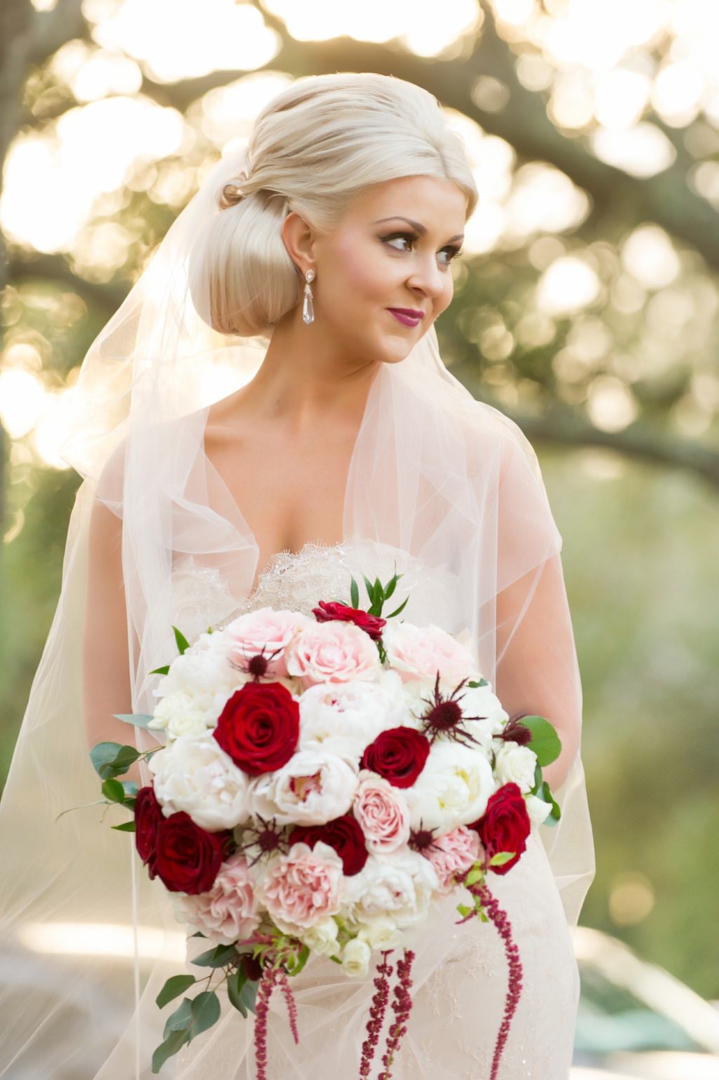 Outdoor Park Bridal Portrait in Blush Pink Strapless Wedding Dress with Red Rose, Blush Pink and White Floral and Greenery Bouquet | Tampa Bay Wedding Photographer Andi Diamond Photography | Hair and Makeup Michele Renee The Studio