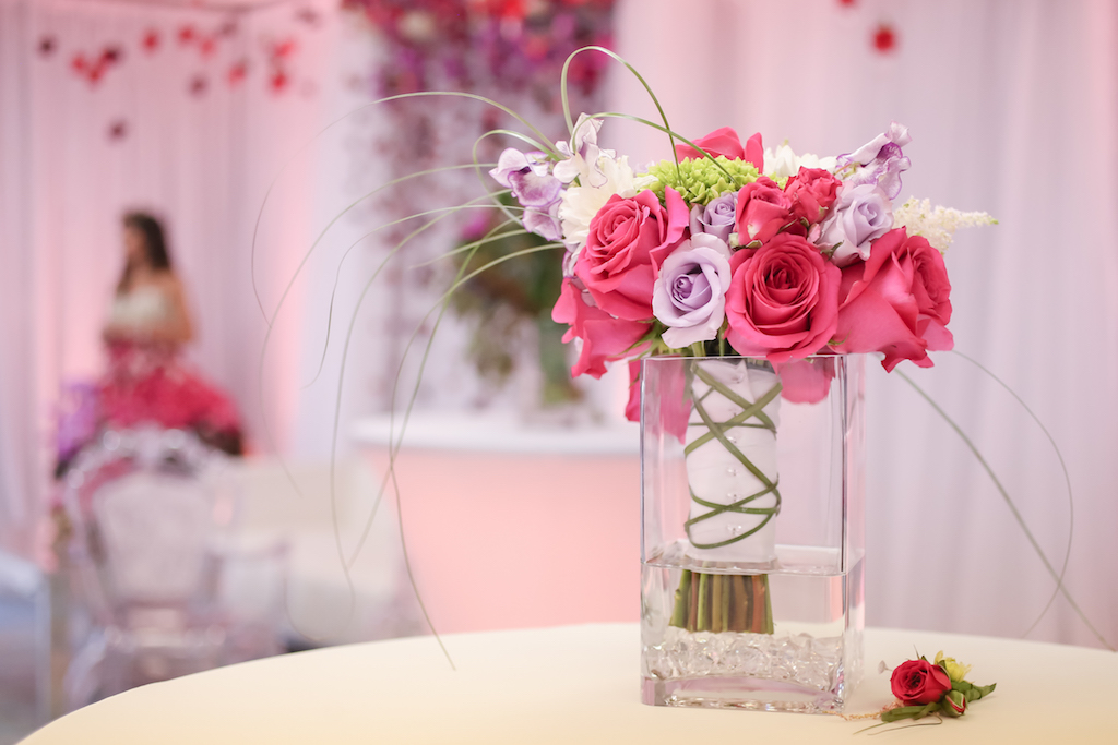 Pink and Purple Rose with Grasses and Greenery Wedding Bouquet in Square Glass Vase | Tampa Bay Wedding Florist Gabro Event Services