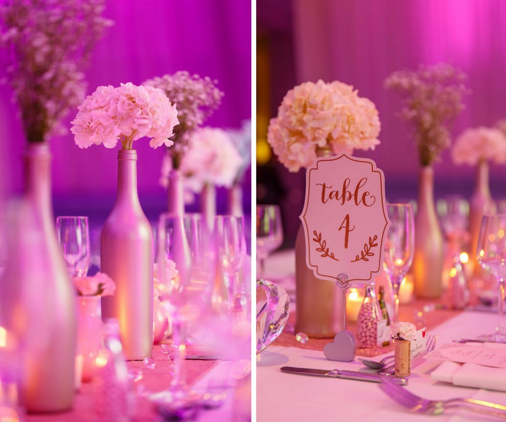 Wedding Reception Metallic Painted Bottle Centerpiece with White Flowers, Votive Candles, and Stylish Gold on White Printed Table Number