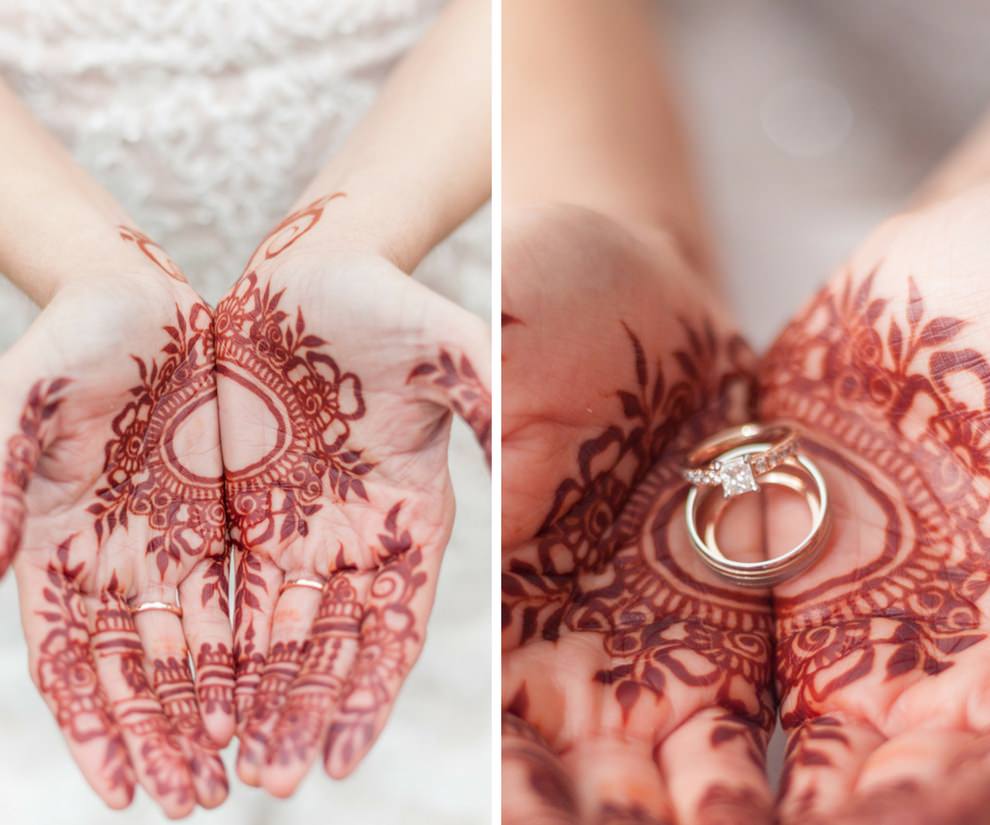 Bridal Portrait with Henna Hands, Engagement Ring and Wedding Bands
