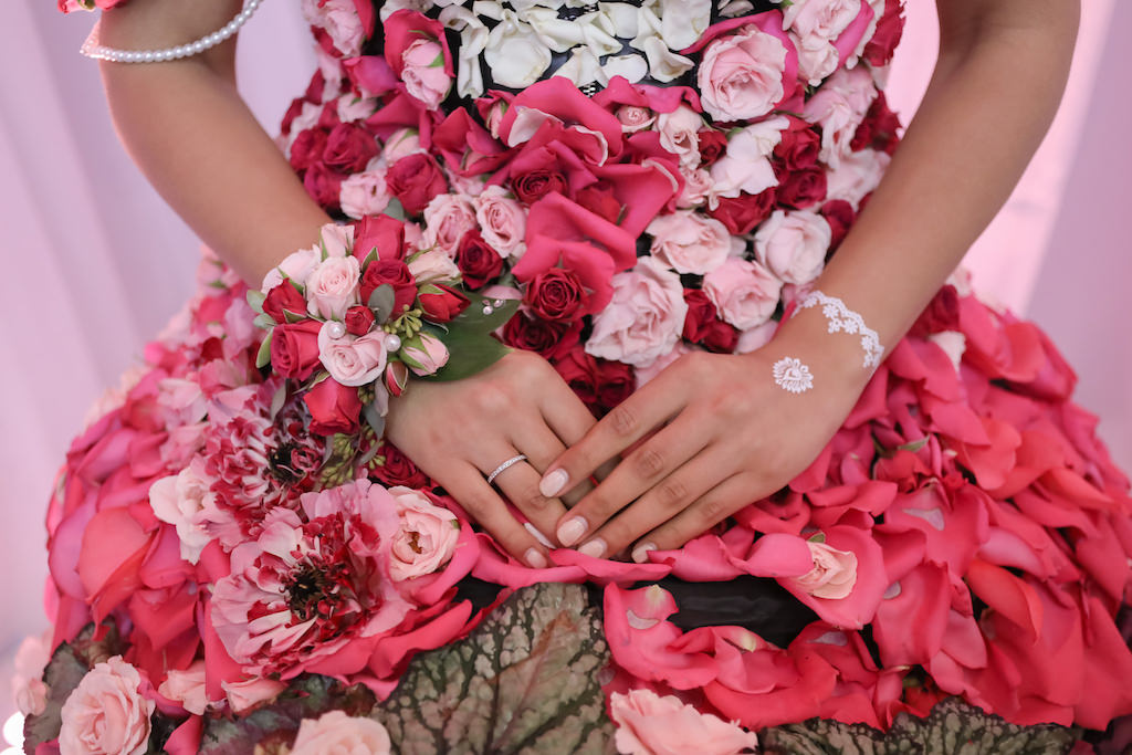 Bridal Portrait in Creative Flower Dress with Pink, Fuchsia, Purple, Red and White Florals with Greenery and White Temporary Tattoos, Rose Bud with Greenery Corsage | Tampa Wedding Florist Gabro Event Services | Photographer Lifelong Photography Studios