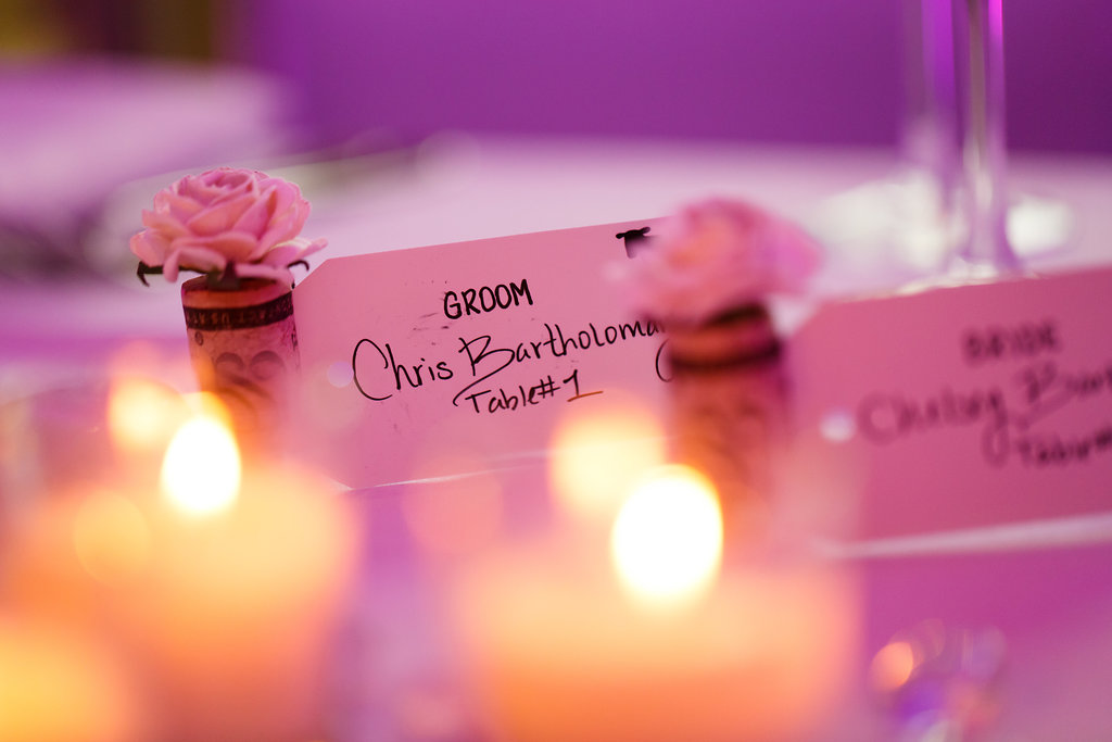 Bride and Groom Wedding Detail Escort Cards Hand Written Shipping Tags on Wine Corks with Rose