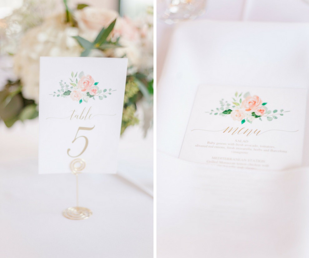 Elegant Peach Floral and Greenery Watercolor Printed Wedding Reception Table Number and Menu with Gold Script