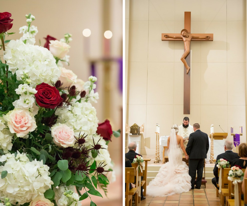 Traditional Church Wedding Reception Portrait, Bride in Blush Pink Mermaid Wedding Dress, with White Hydrangea, Burgundy Thistle, and Red Rose with Greenery Flower Arrangement | Tampa Bay Wedding Photographer Andi Diamond Photography | Venue St. Lawrence Catholic Church