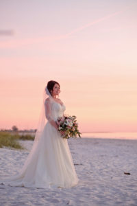 Outdoor Beach Sunset Bridal Portrait in A Line Wedding Dress with White, Pink, and Burgundy with Greenery Bouquet | St Petersburg Wedding Photographer Marc Edwards Photography | Hair and Makeup Femme Akoi Beauty Studio