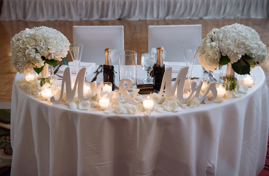 Elegant All White Sweetheart Table Wedding Reception Decor with White Centerpieces