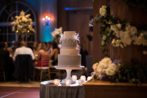 Four Tiered Round Gray and White Wedding Cake on White Cake Stand with White Floral Caketopper | Downtown Sarasota Hotel Wedding Venue The Ritz Carlton