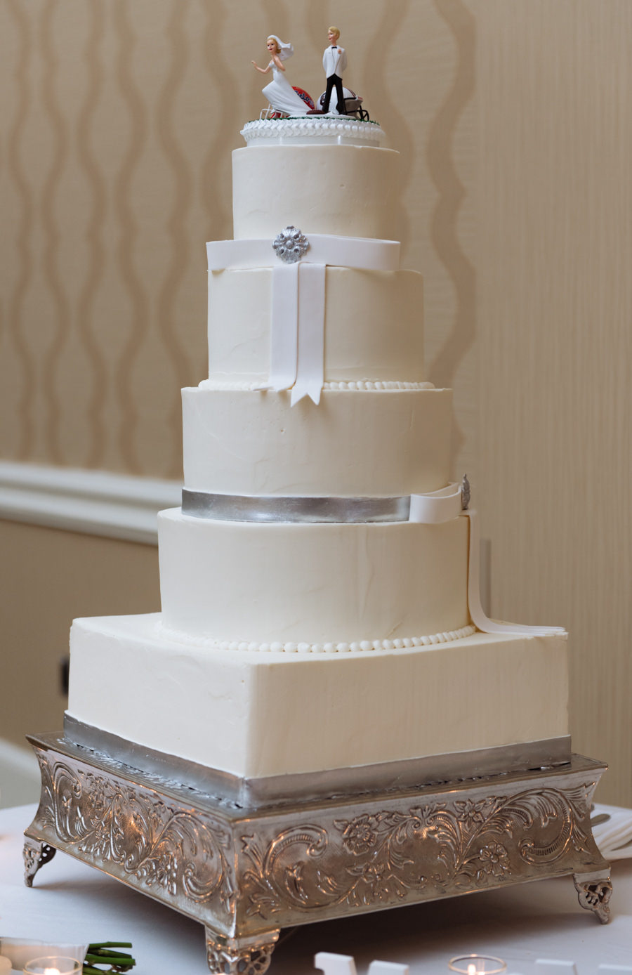 White and Silver 5-Tier Round and Square Wedding Cake