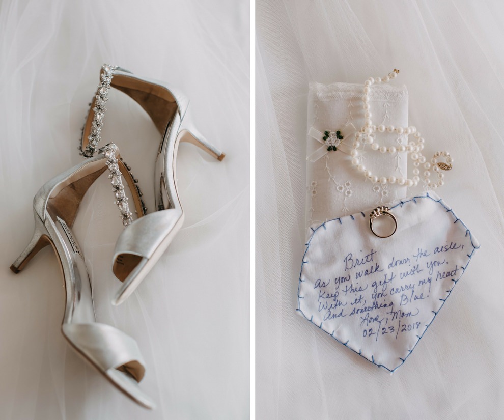 Open Toe Bejeweled Wedding Shoes and Bridal Accessories including Handwritten Something Blue Note From Mother of the Bride