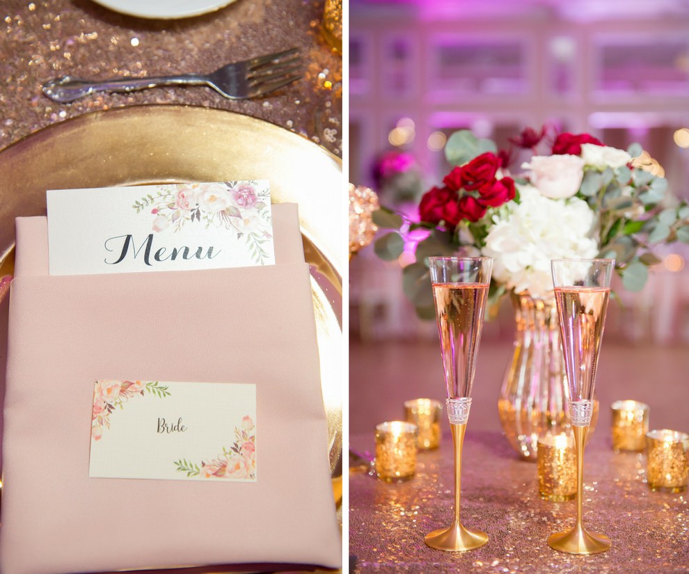Holiday Ballroom Wedding Reception with Blush Napkin and Pink Watercolor Floral Printed Menu with Black Script, Rose Gold Sequin Linen, Gold Champagne Glasses and Mercury Votive Candles, and tall White, Pink, Red and Greenery Centerpiece in Silver Vase