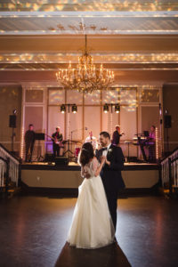 Hotel Ballroom Wedding Reception First Dance, with Gobo Ceiling Lights and Tampa Bay Wedding Band Phase 5 | St Pete Wedding Planner Parties A La Carte | Historic Venue The Don CeSar | Photographer Marc Edwards Photographs