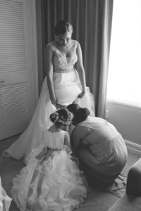 Bride Getting Ready Portrait with Flower Girl with Jeweled Ribbon Floral Crown and Layered Skirt | Sarasota Wedding Photographer Cat Pennenga Photography