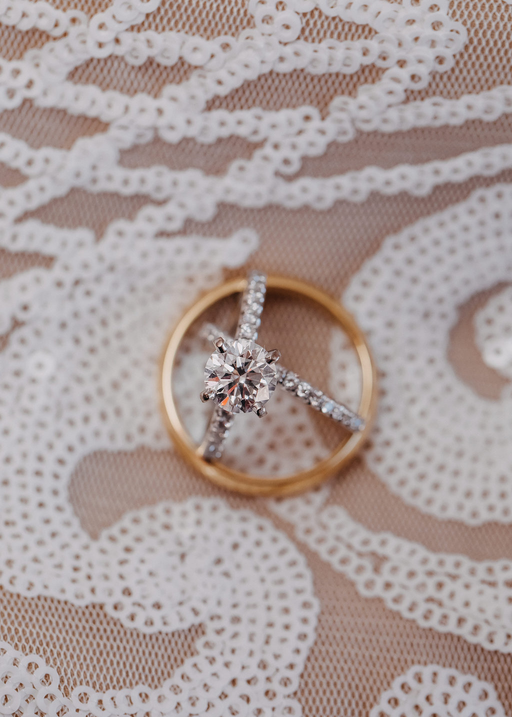 Diamond Wedding and Engagement Ring and Gold Wedding Band